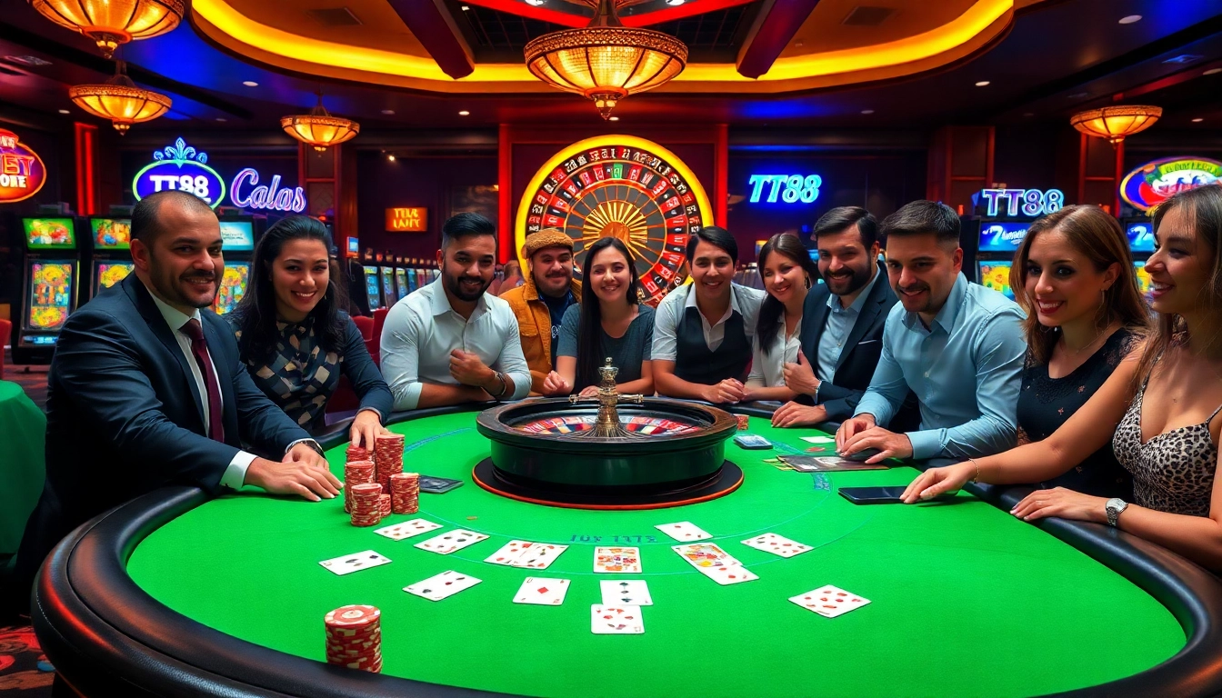 TT88 players engaging at a high-stakes blackjack table in a vibrant casino scene.