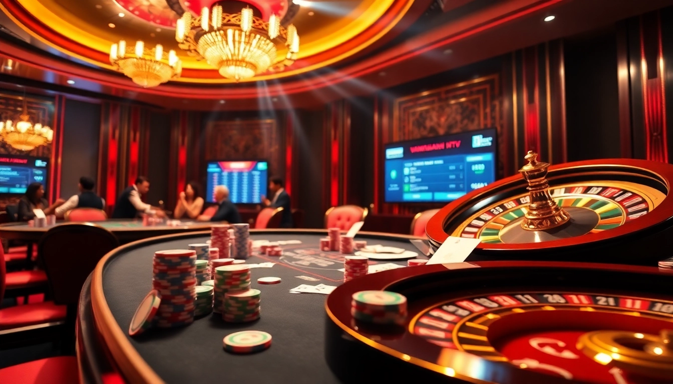 Experience thrilling poker action at Vankhanhtv's luxurious casino with vibrant colors and strategic gameplay.