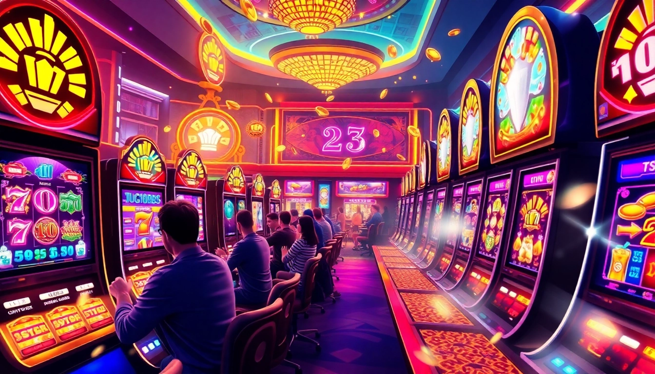 Exciting online gaming scene showcasing hoki138 pro slot machines with vibrant visuals and players winning.