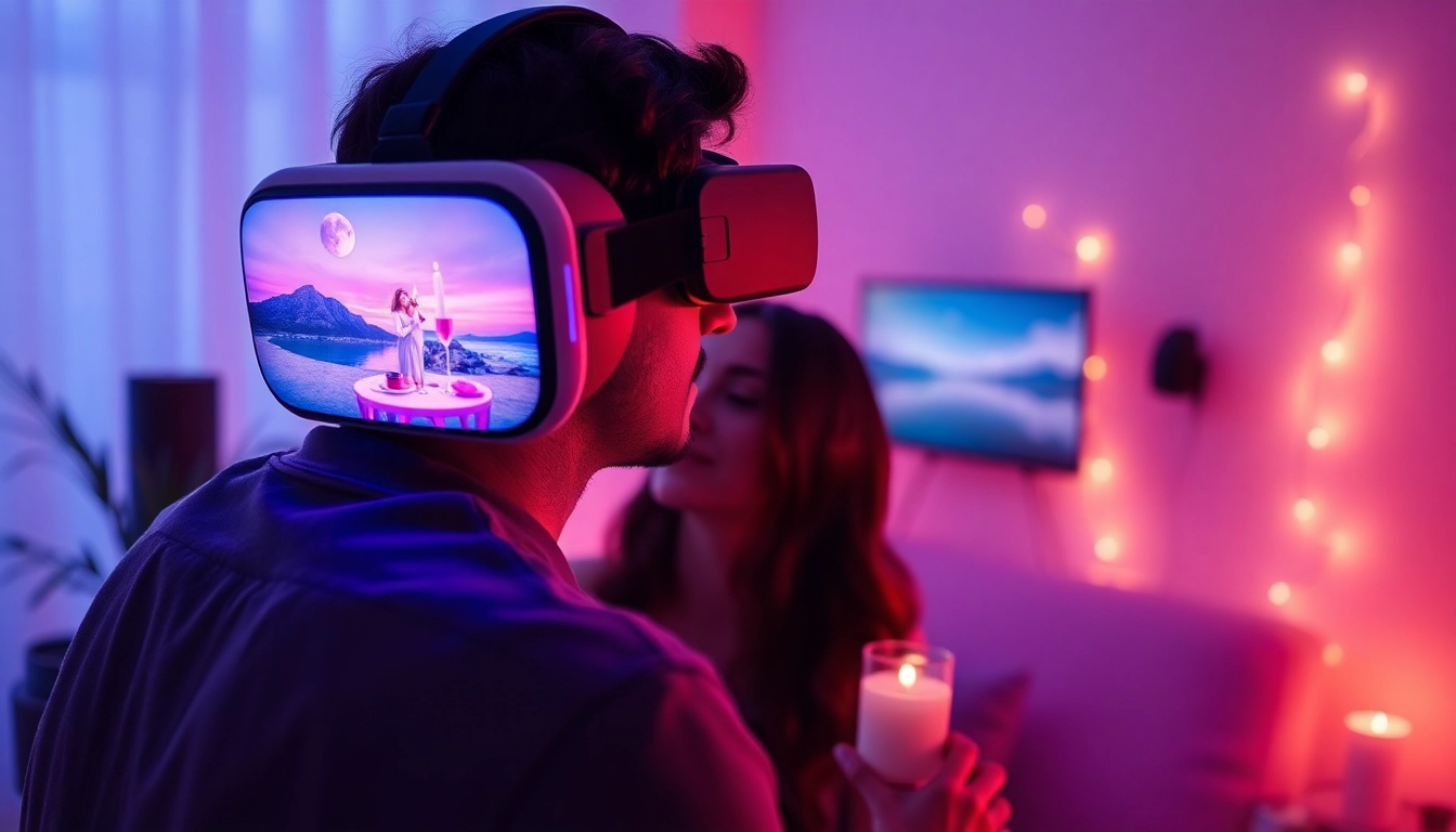 Engaging couple in a virtual reality setup for sex AI interactions, showcasing intimacy and innovation.