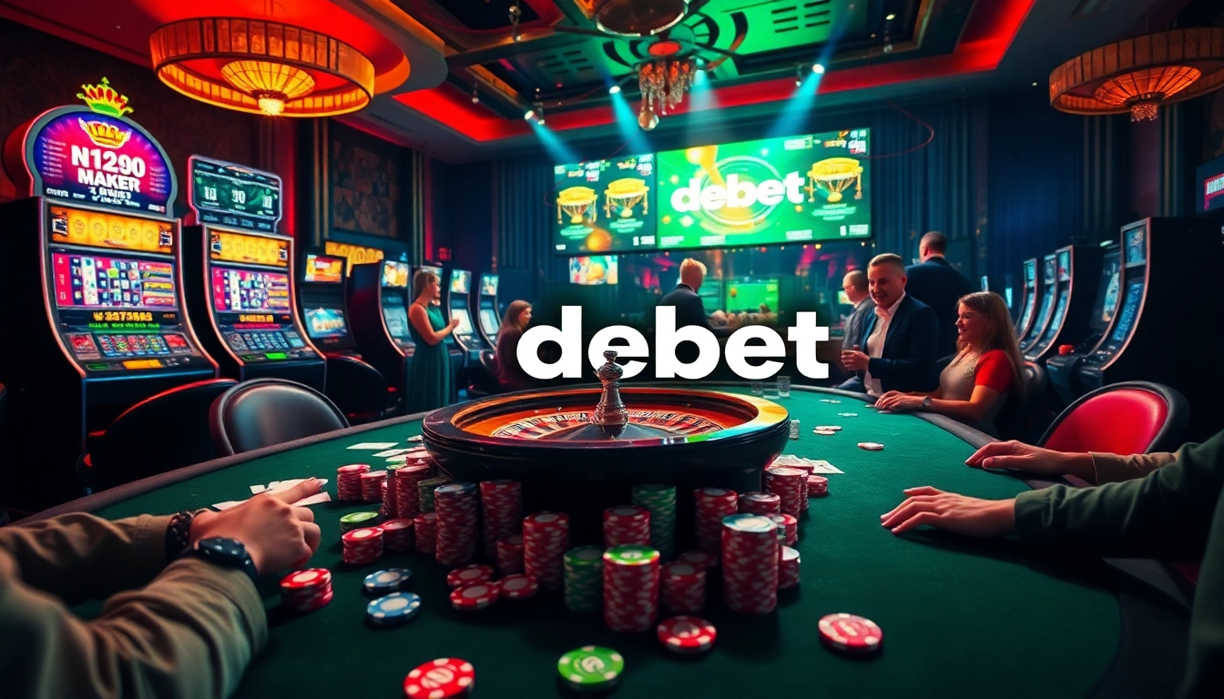 Action-packed casino scene highlighting debet betting strategies at poker and roulette tables.