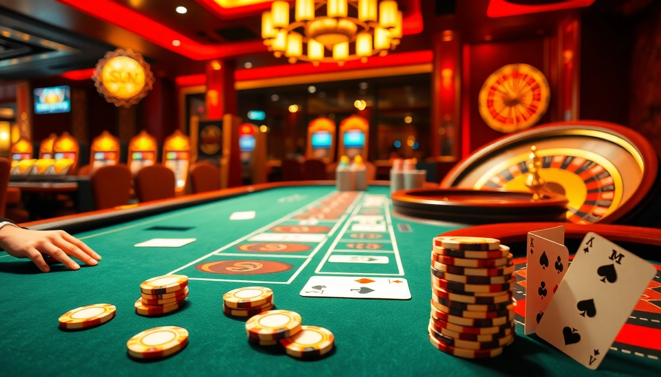Experience thrilling gameplay at sun win casino tables with poker chips and cards in action.