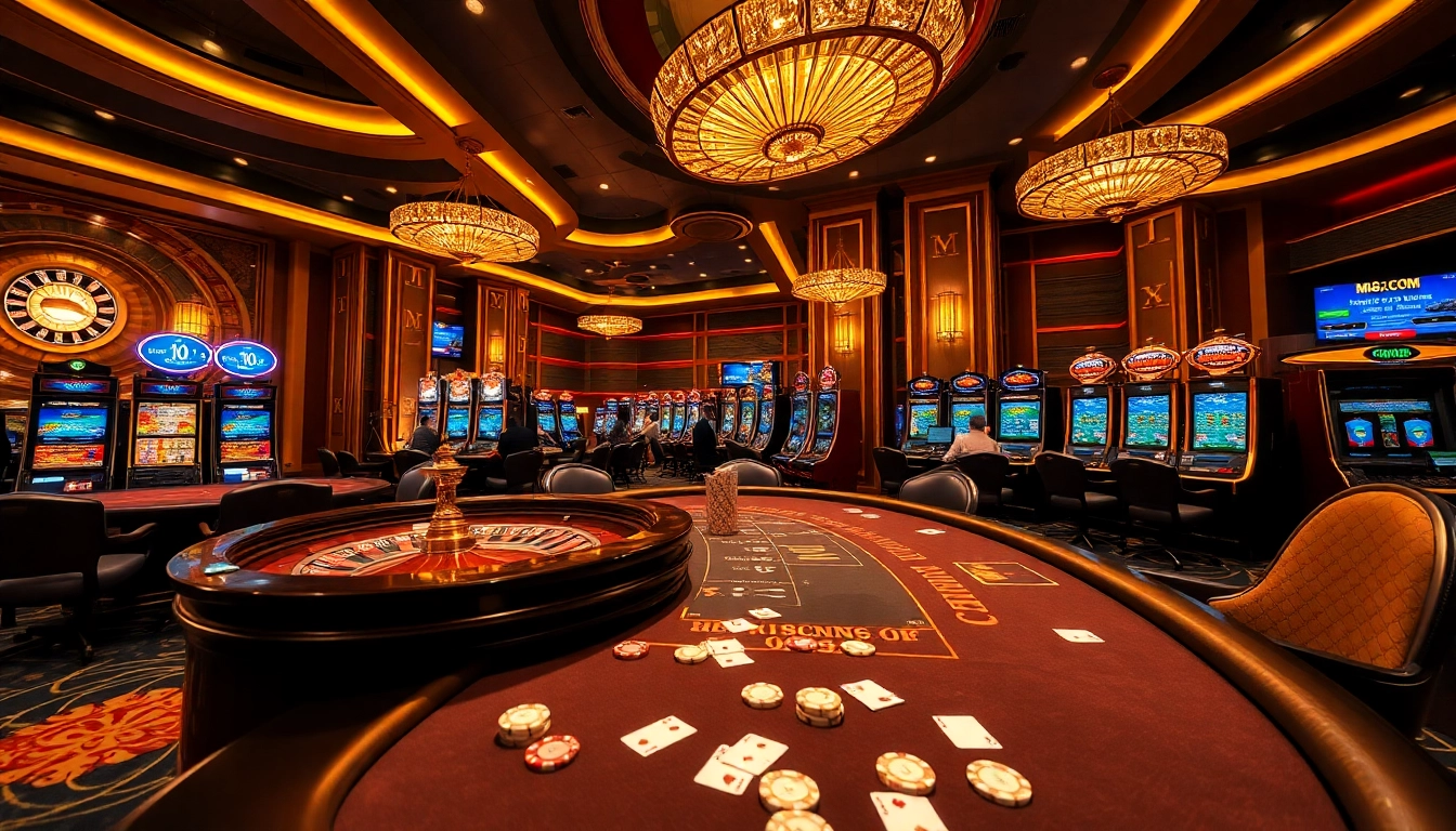 Engaging casino scene with MK8.COM branding, showcasing roulette, poker, and slot machines in an exciting atmosphere.