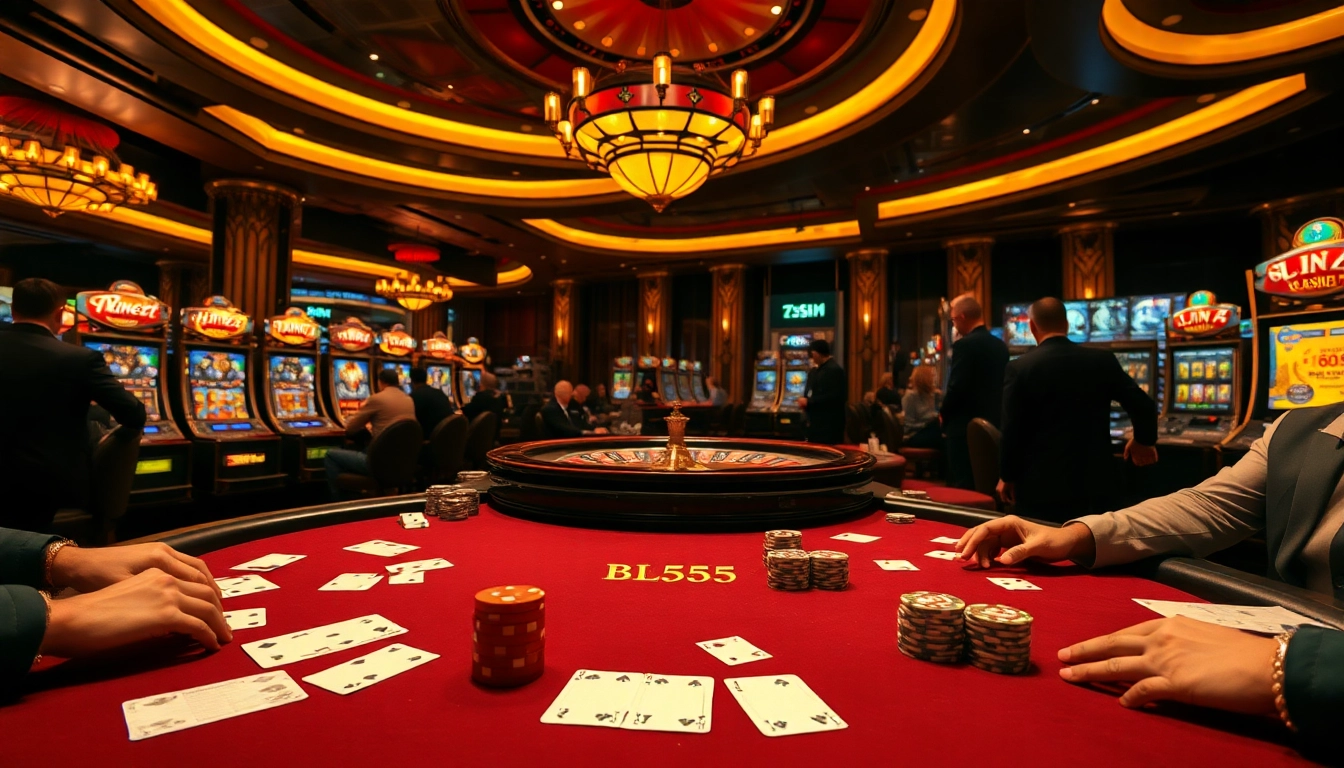 Experience the thrill of high-stakes gambling at BL555 with an upscale casino scene filled with poker tables and vibrant slot machines.