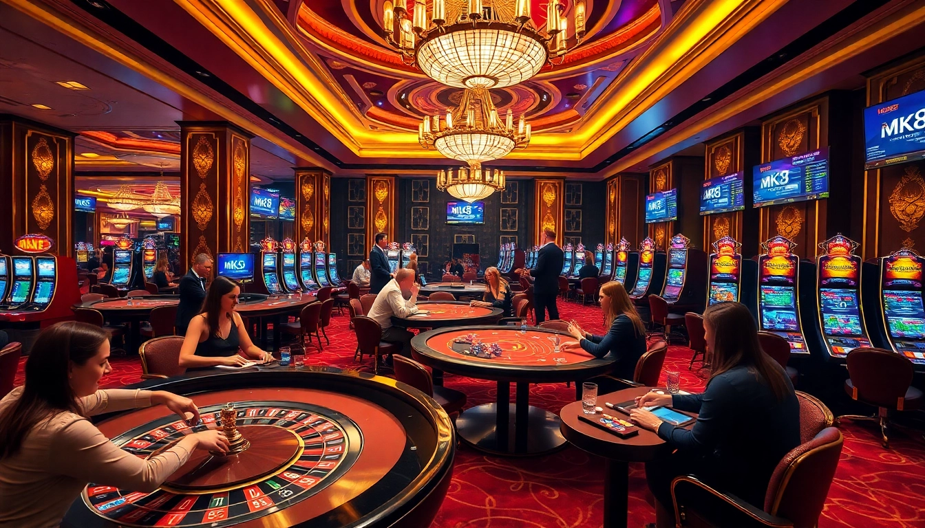 Exciting gameplay at MK8 Casino, highlighting poker and roulette excitement amidst elegant surroundings.