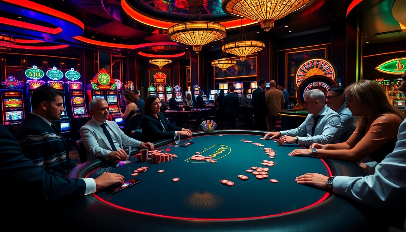 Experience the thrill of iwin68 at an upscale casino poker game featuring vibrant scenes and luxurious decor.