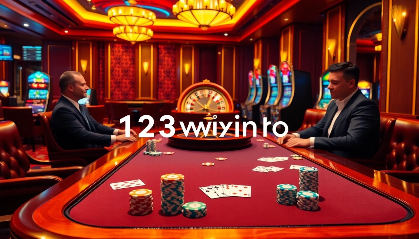 Experience excitement at the 123win pro poker table with vibrant chips and cards in a luxurious casino.