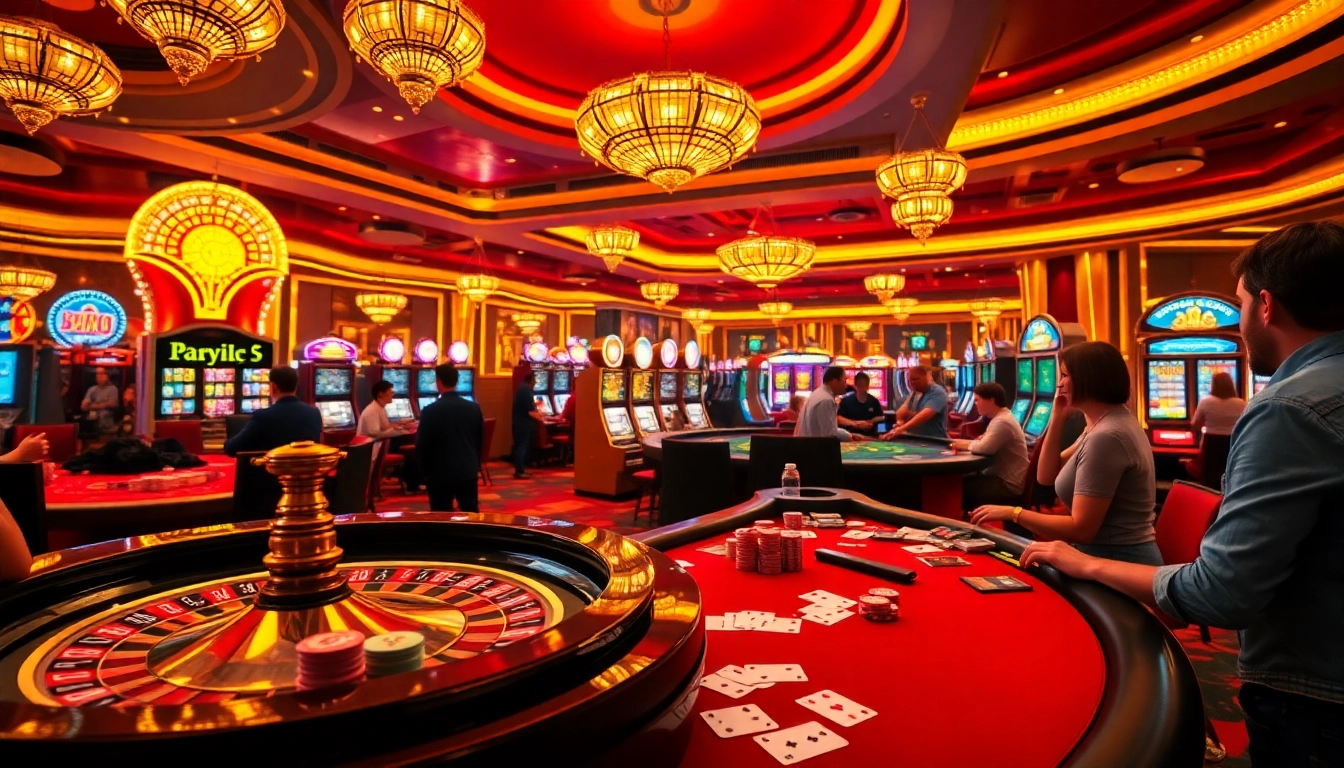 Gambling excitement at the PS99 casino with vibrant slot machines and roulette wheel.