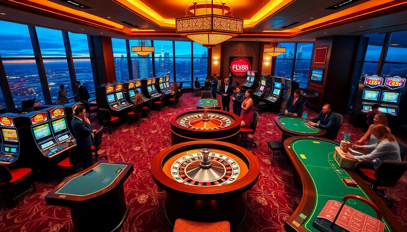 Engage with the exciting atmosphere at FLY88's vibrant casino, showcasing thrilling slot machines and poker tables.