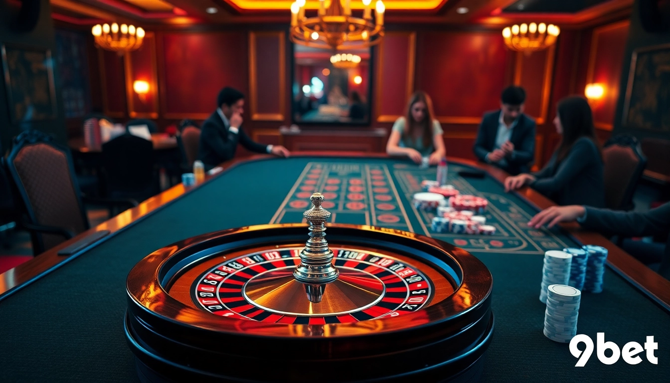 Engaged players enjoying a thrilling game at a luxurious 9bet casino table with roulette and poker elements.