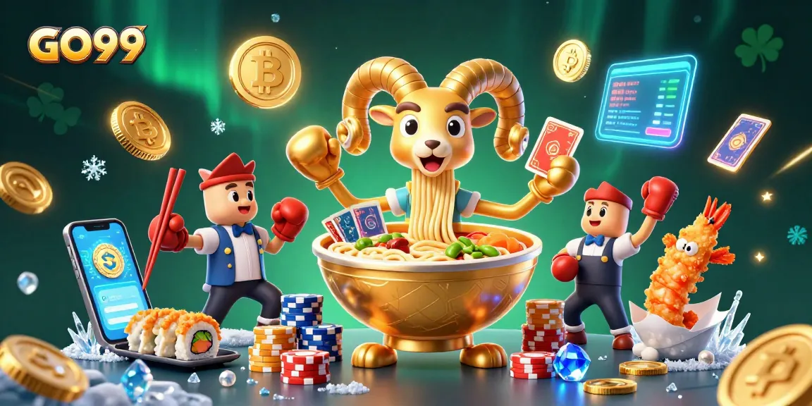 Join the fun with GO99 as a golden ramen bowl deals cards surrounded by crypto elements.