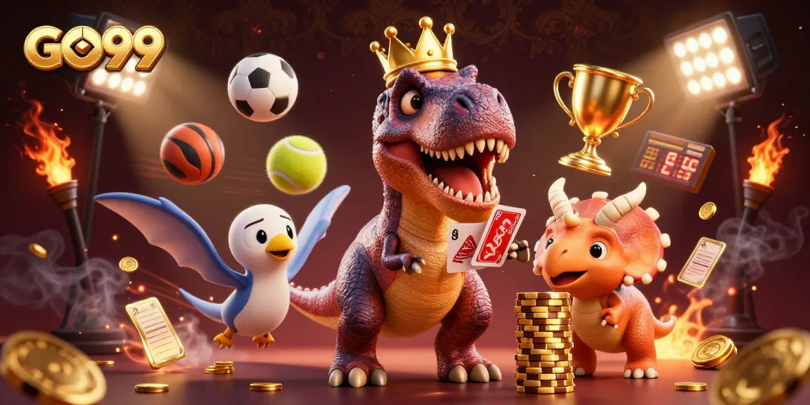 GO99 players enjoy dynamic casino action with cartoon dinosaurs at a vibrant gaming table.