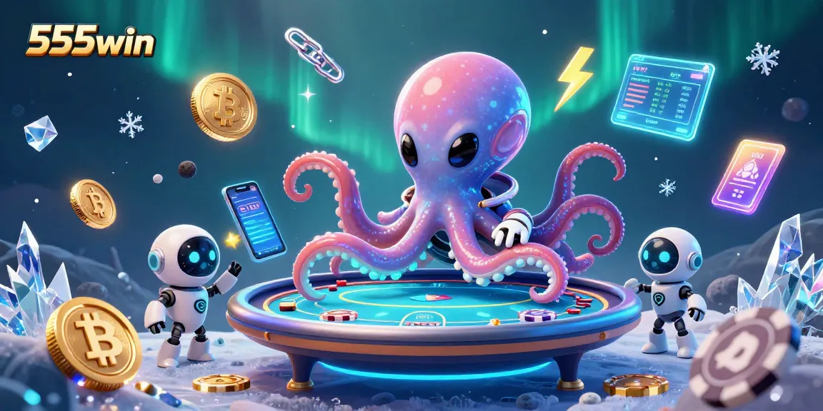 Elevate your play with 555win's exciting poker table scene featuring aliens and crypto elements.